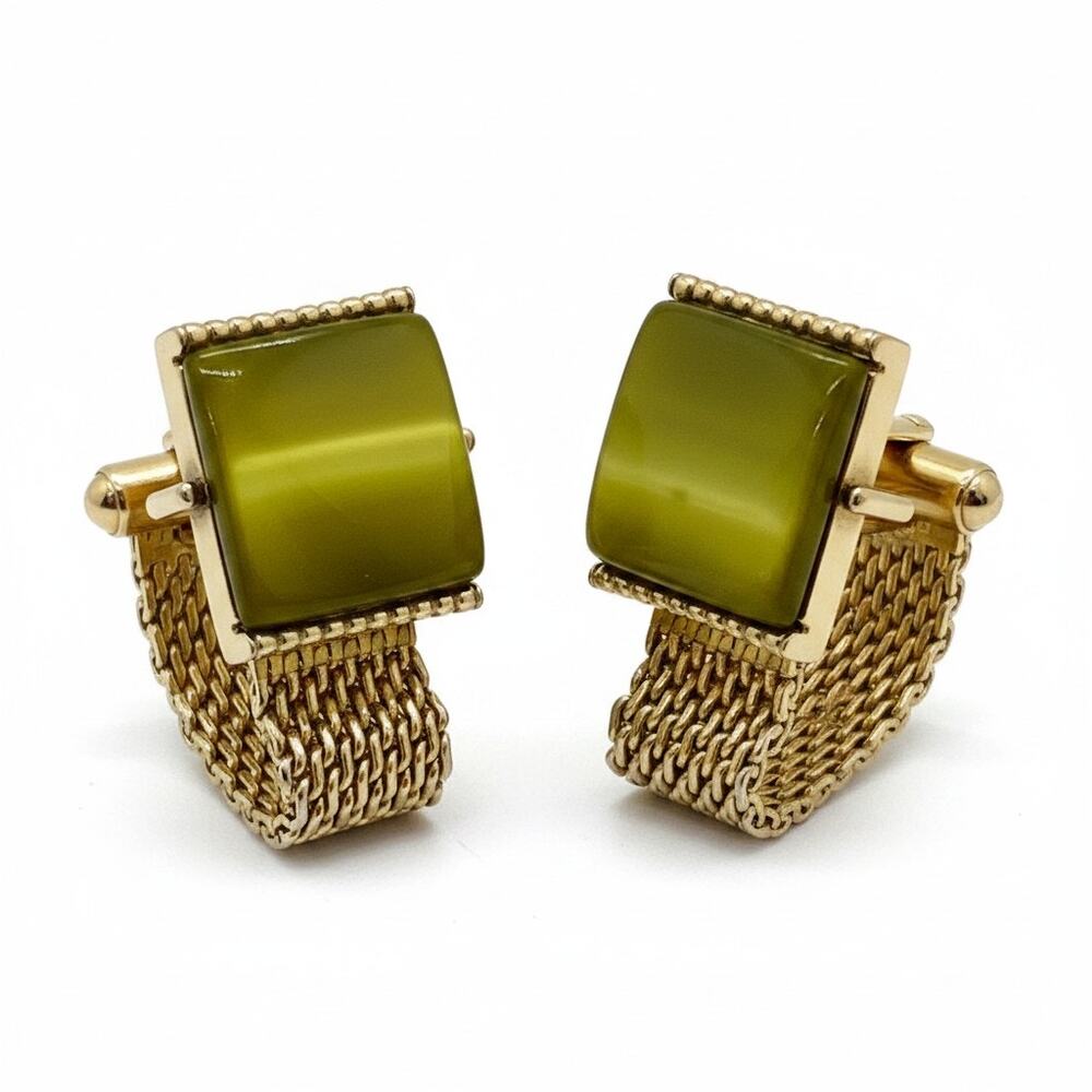 Vintage SWANK Cat Eye Cufflinks-Gold Mesh Wrap-Olive Green Mid Century-Men-Retro